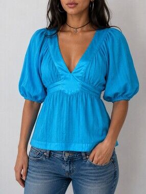 Vintage Bebe Y2K McBling Azure Silk Trim Puff Sleeve Top M
